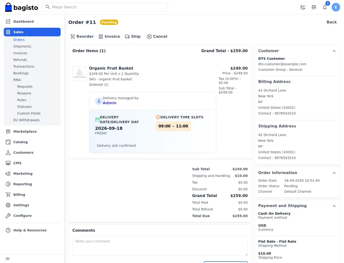 Bagisto Marketplace Delivery Time Slot SaaS admin sales order view showing the booked delivery date and time slot