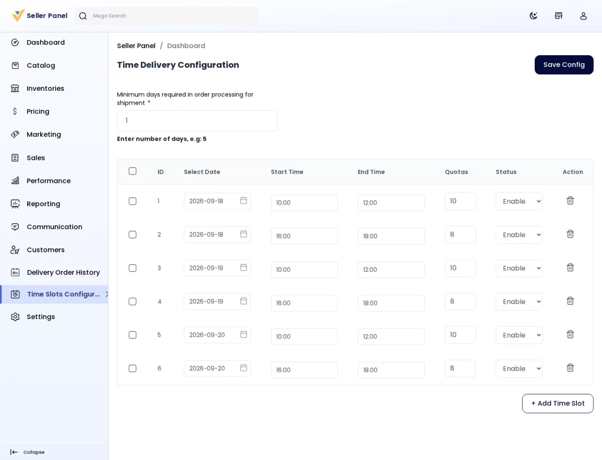 Bagisto Marketplace Delivery Time Slot SaaS seller panel Time Delivery Configuration page with the seller's own slots