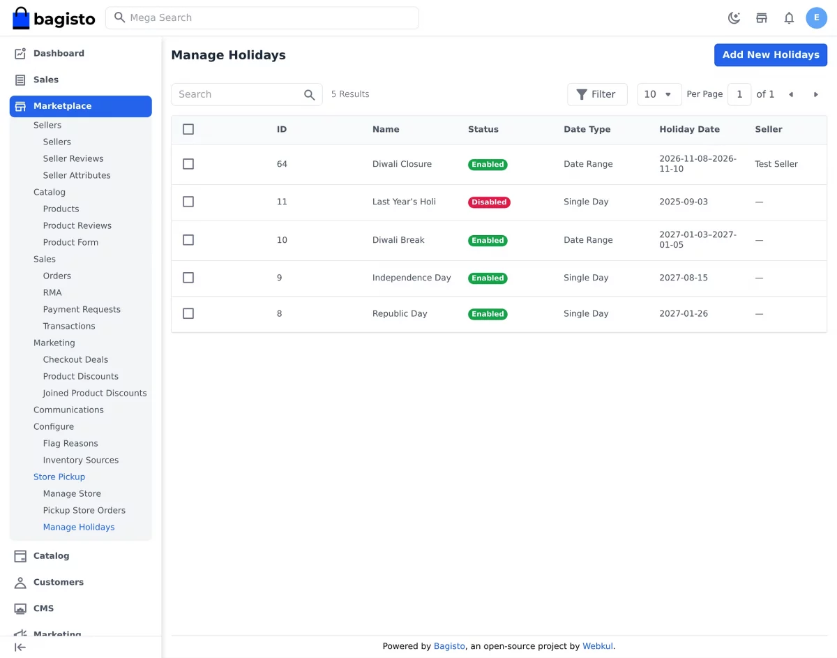 Holidays grid listing store closures in the Bagisto admin panel