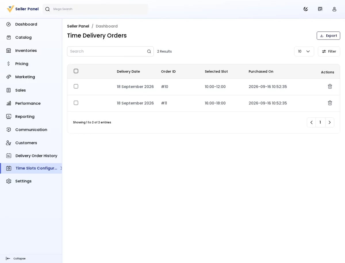 Bagisto Marketplace Delivery Time Slot SaaS seller panel Time Delivery Orders history grid with delivery date, order ID and selected slot