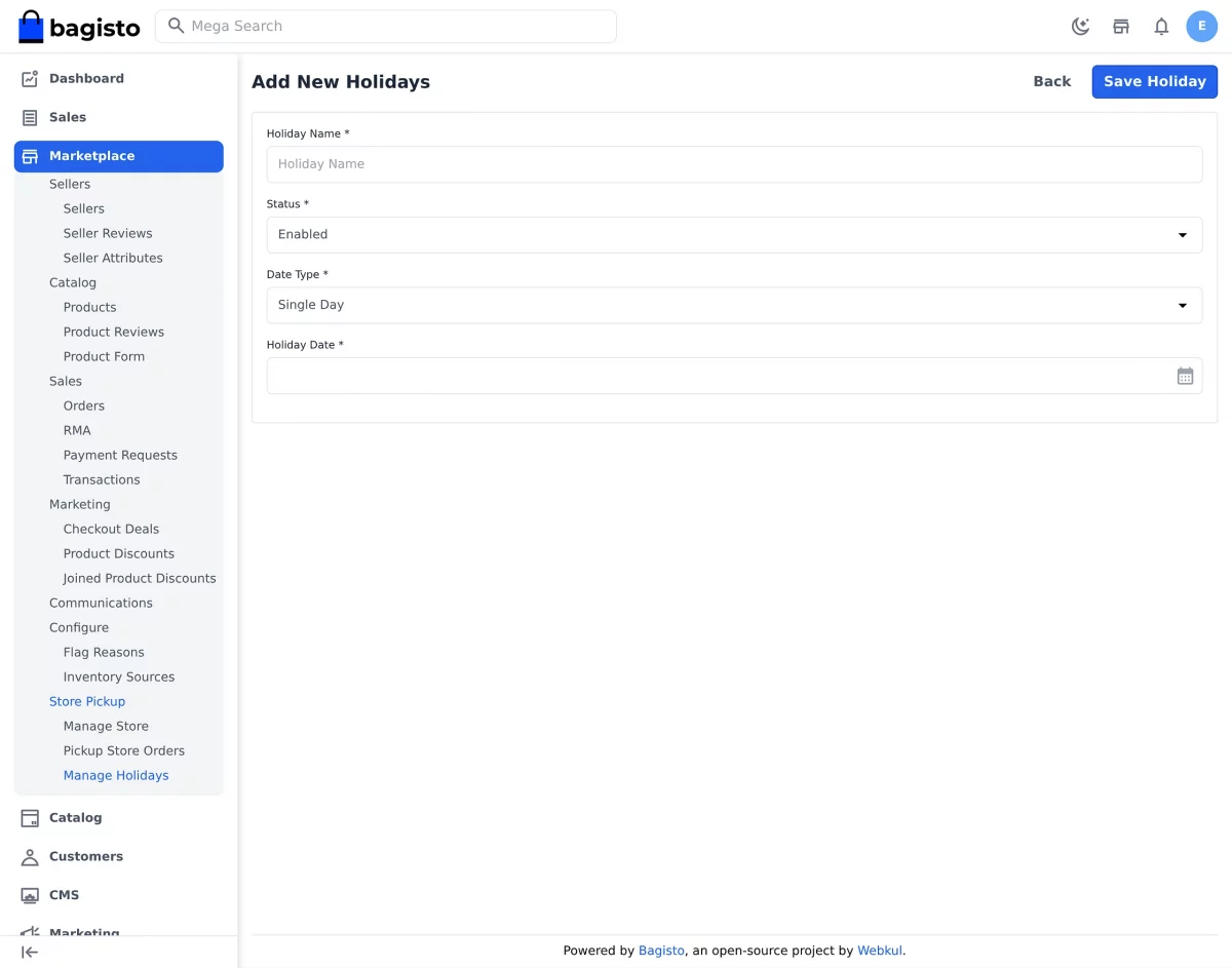 Form for creating a single-date or date-range store holiday