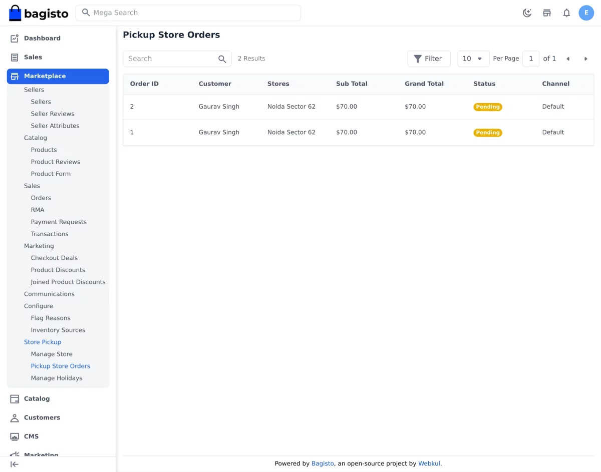 Bagisto store pickup extension pickup store orders grid in the admin panel