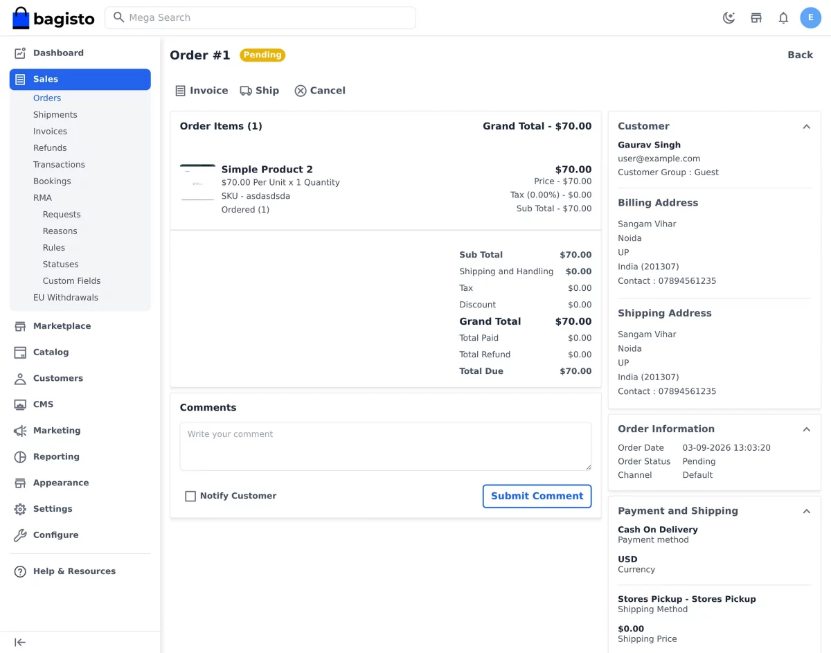 Bagisto store pickup extension collection details on the admin order view
