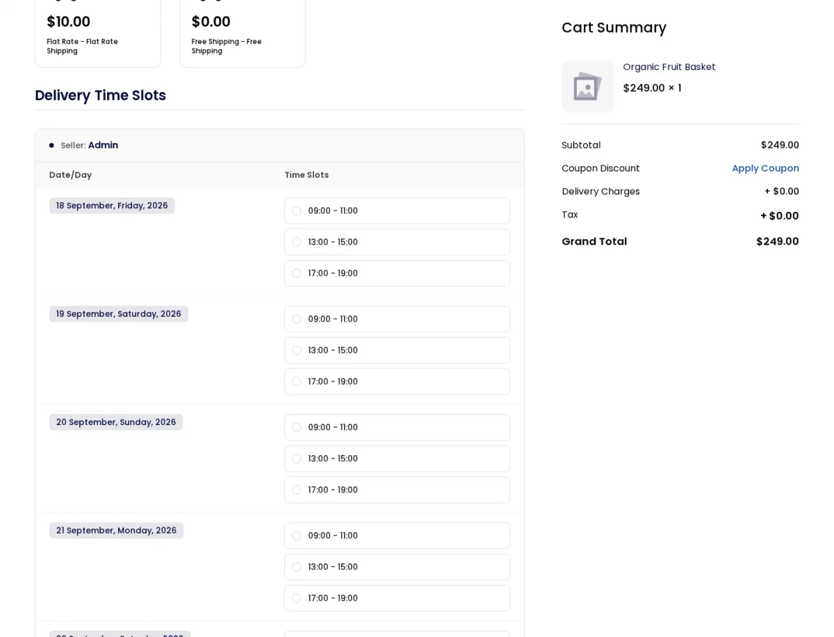Bagisto Marketplace Delivery Time Slot SaaS checkout showing Delivery Time Slots grouped by seller with date and time options