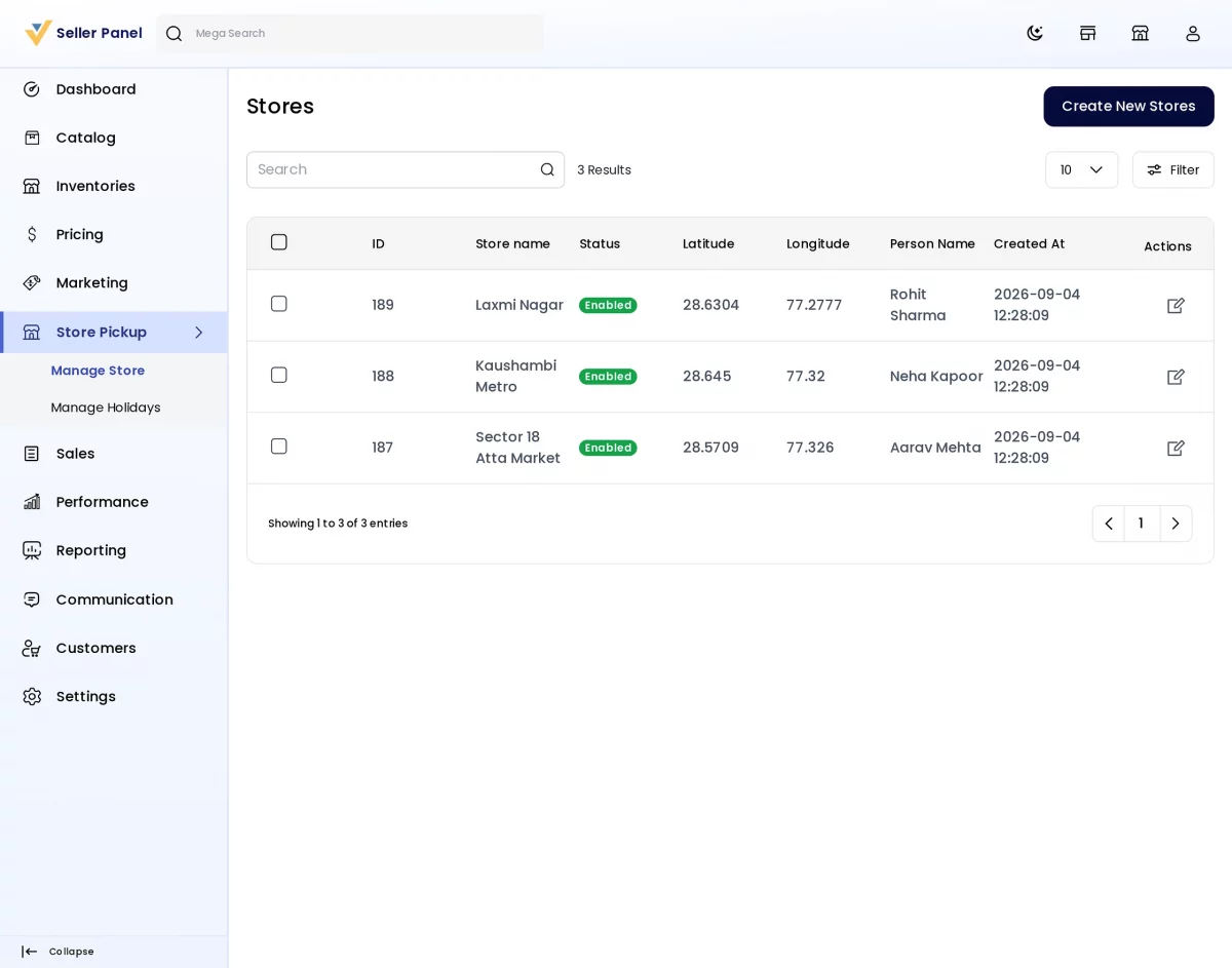Bagisto store pickup extension seller panel grid of seller-owned pickup stores