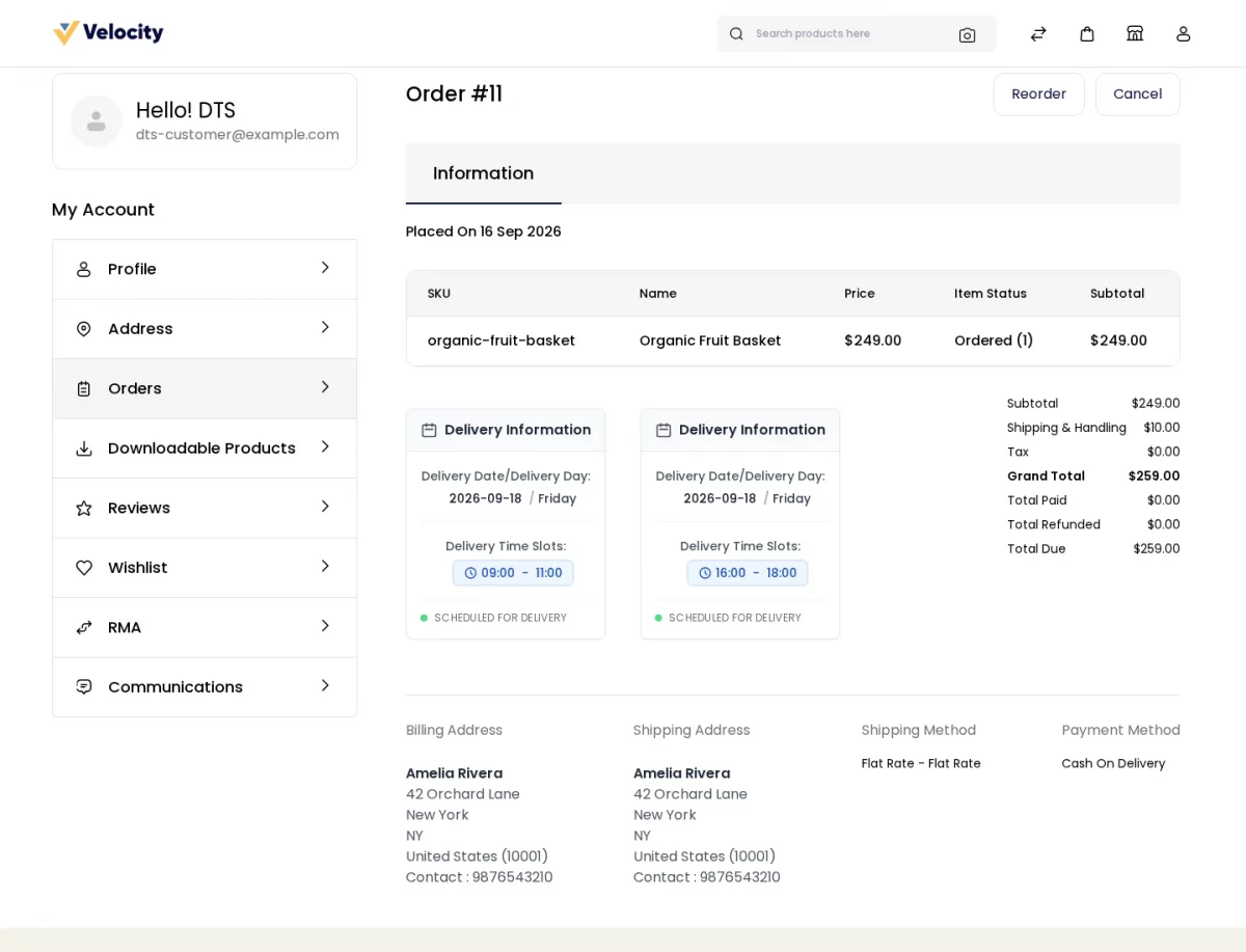 Bagisto Marketplace Delivery Time Slot SaaS customer order view showing Delivery Information with the booked date and time slot
