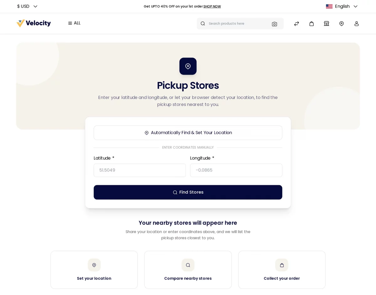 Bagisto store pickup extension storefront pickup store finder page