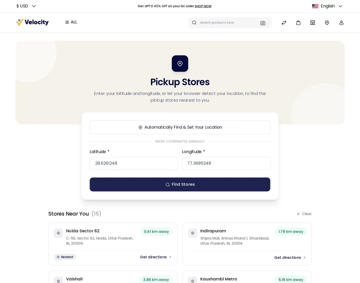 Bagisto store pickup extension finder showing nearby pickup stores after a search