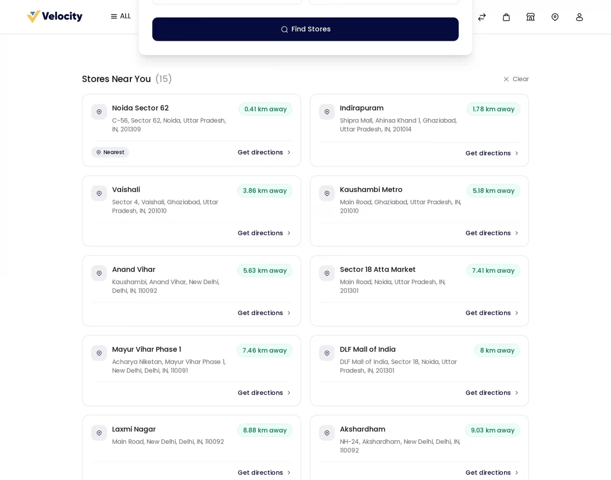 Storefront results list ranked nearest first with distances in kilometres