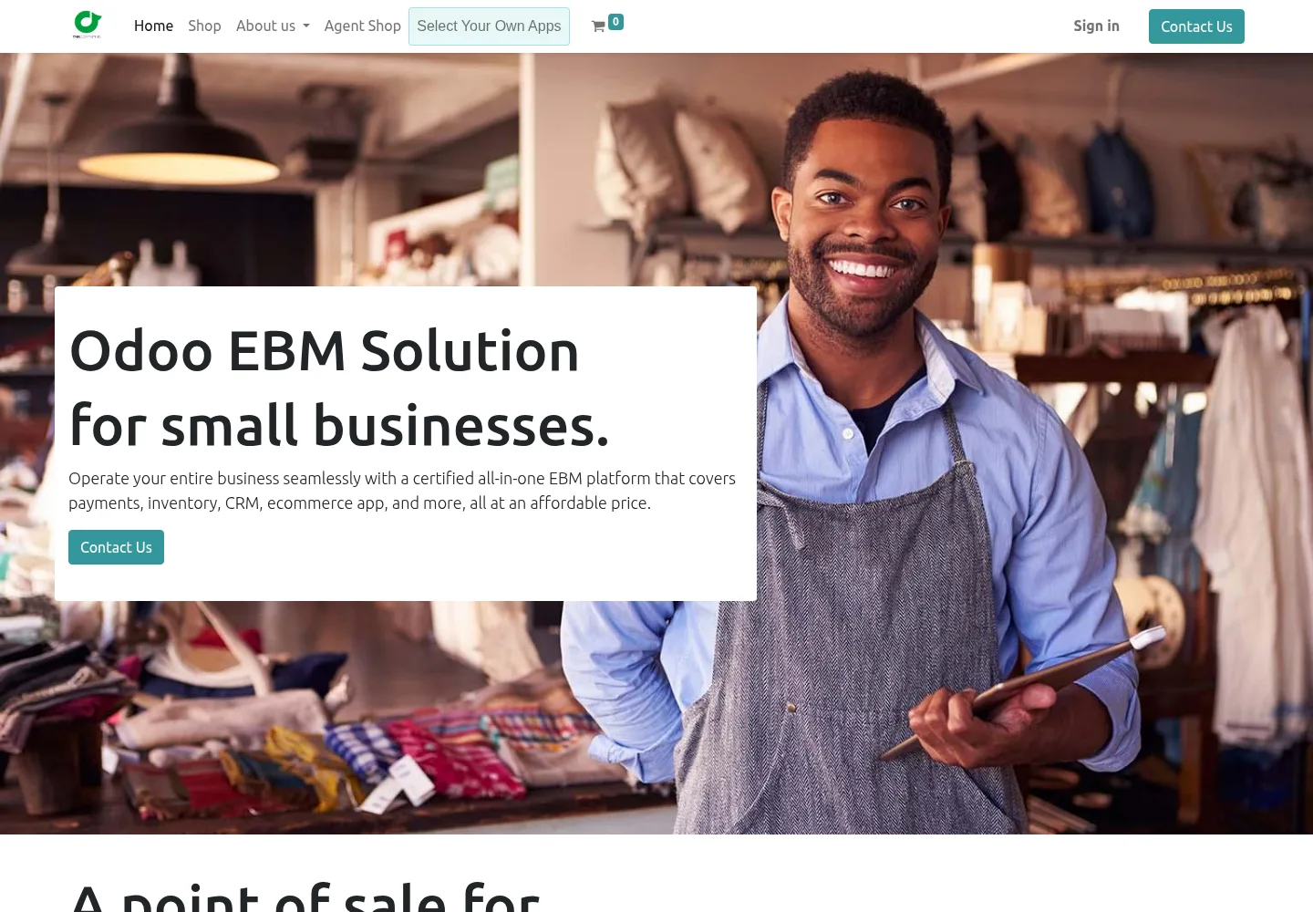 250 EBM homepage offering an Odoo EBM solution for small businesses in Rwanda