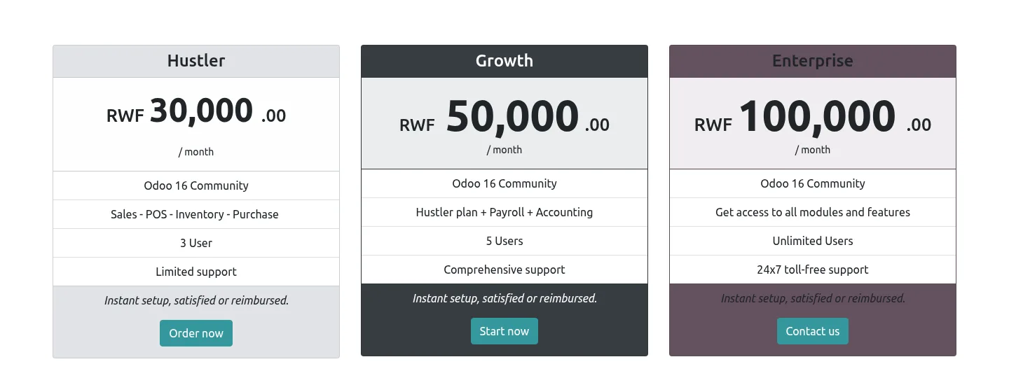 250 EBM Hustler, Growth and Enterprise plans on Odoo 16 Community priced in RWF