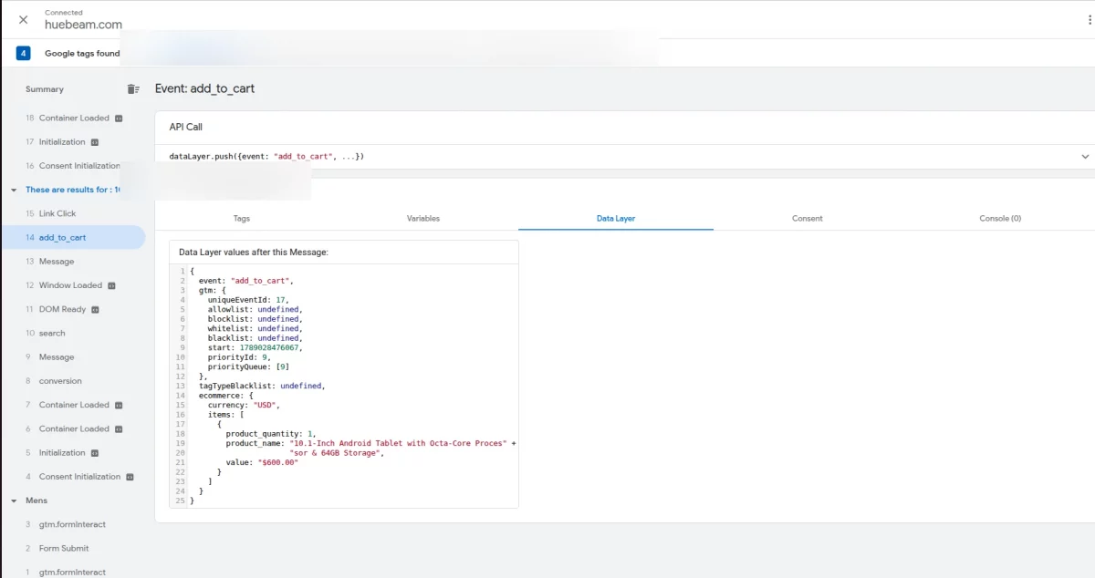 add_to_cart event data in Google Tag Manager