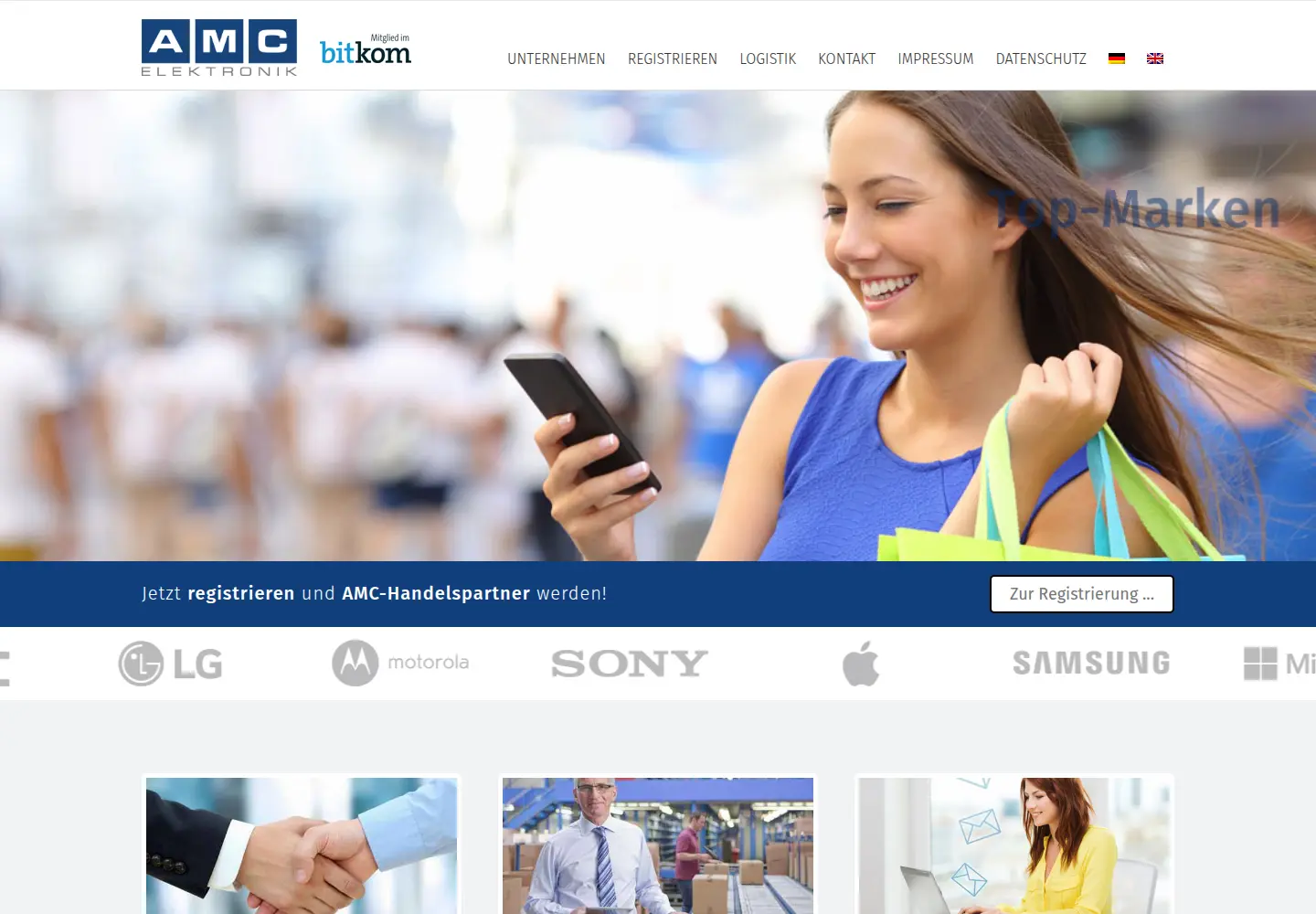 AMC Elektronik homepage showing its mobile device wholesale business and brand line-up