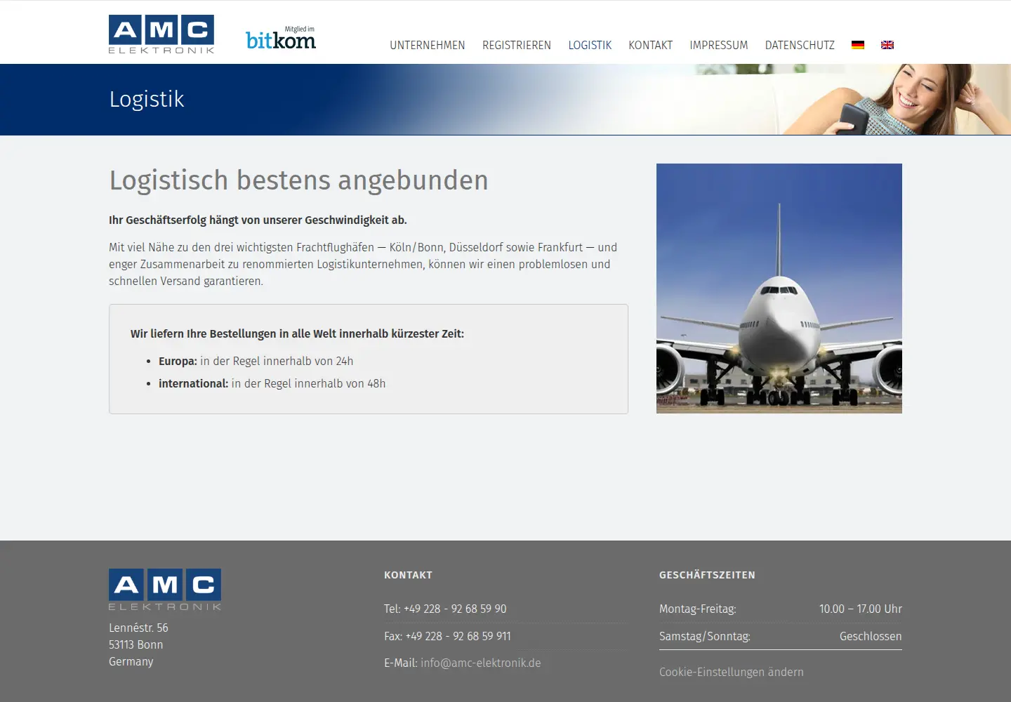 AMC Elektronik logistics page stating delivery within 24 hours in Europe and 48 hours internationally