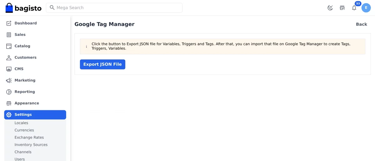 Bagisto Google Tag Manager container export screen