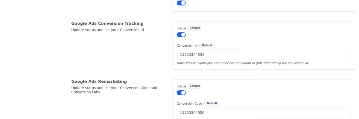 Bagisto Google Ads conversion tracking settings