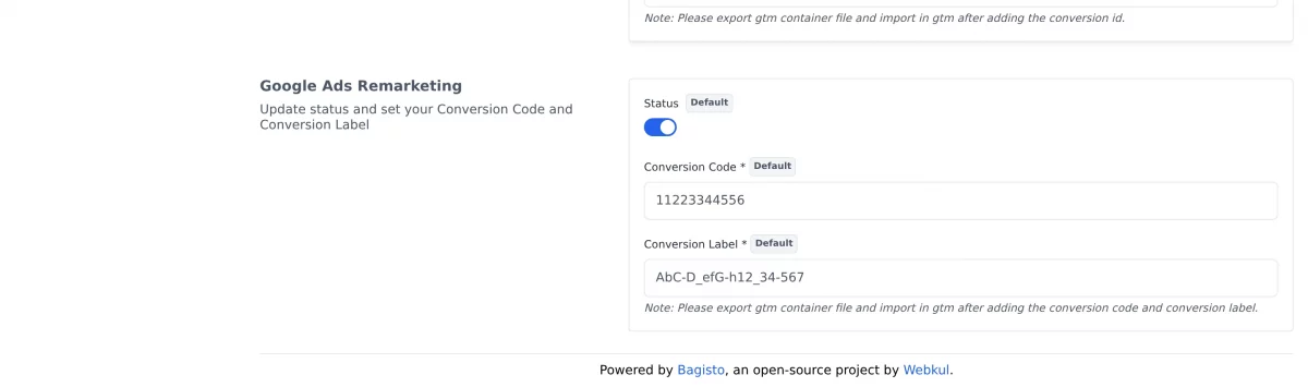 Bagisto Google Ads remarketing settings