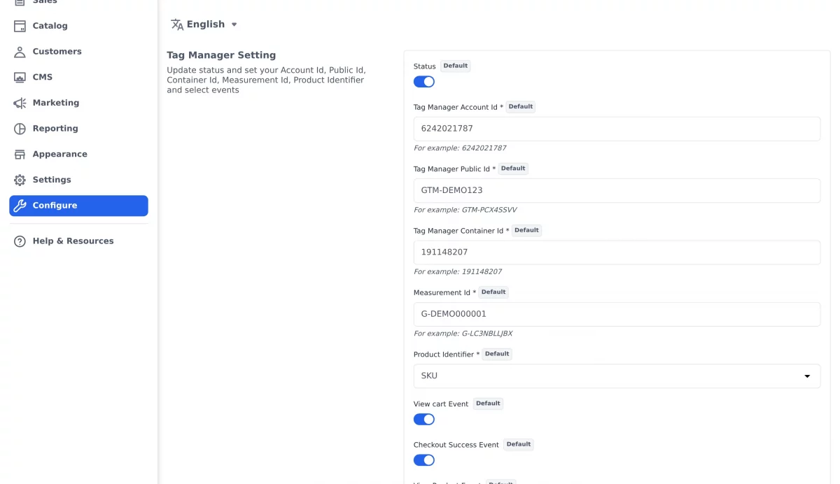 Bagisto Google Tag Manager configuration settings 