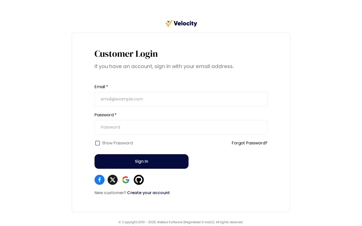 Bagisto customer login page with login event
