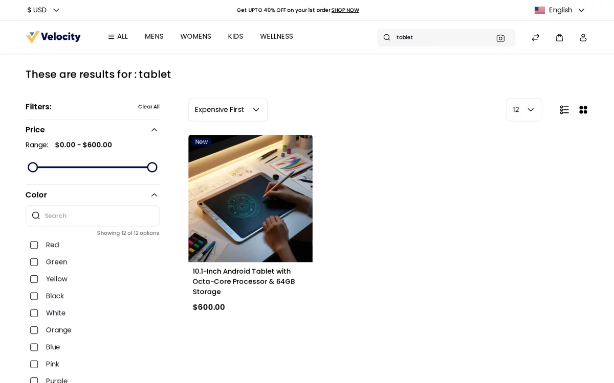 Bagisto search results page with search event