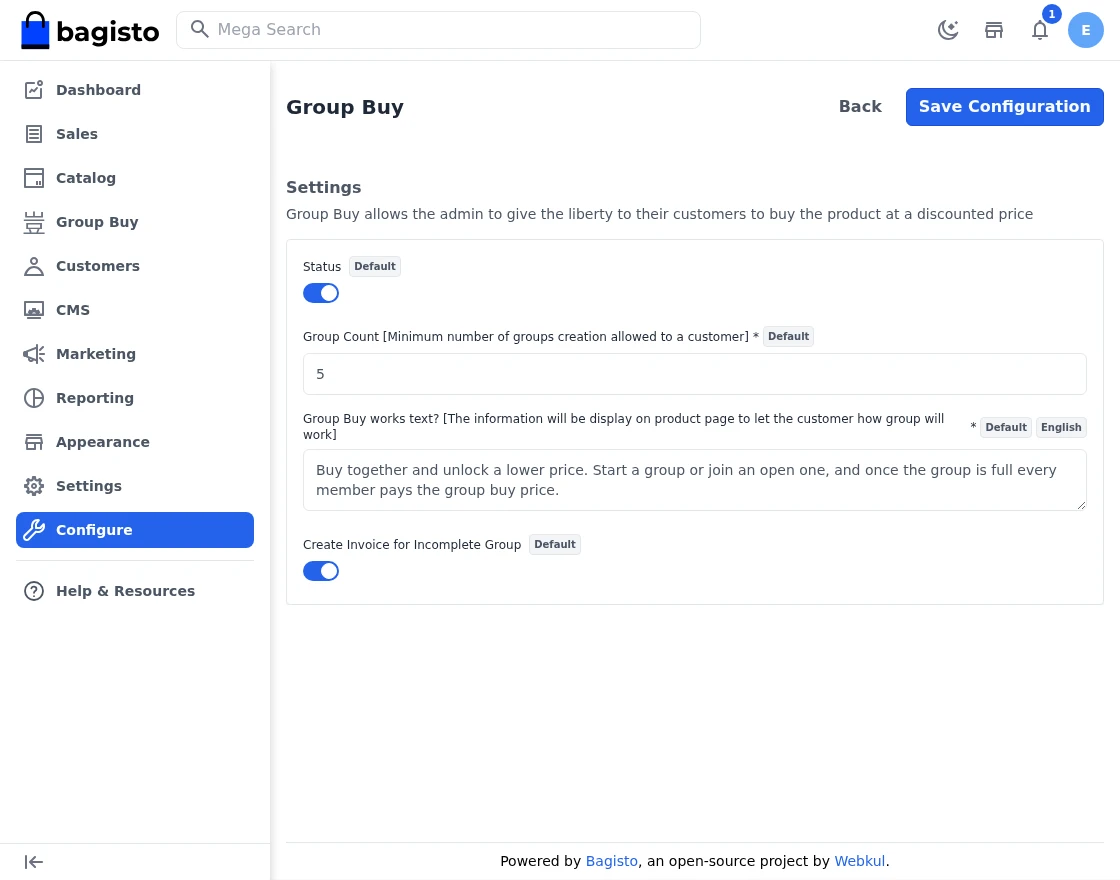 Bagisto Group Buy module configuration settings in the admin panel