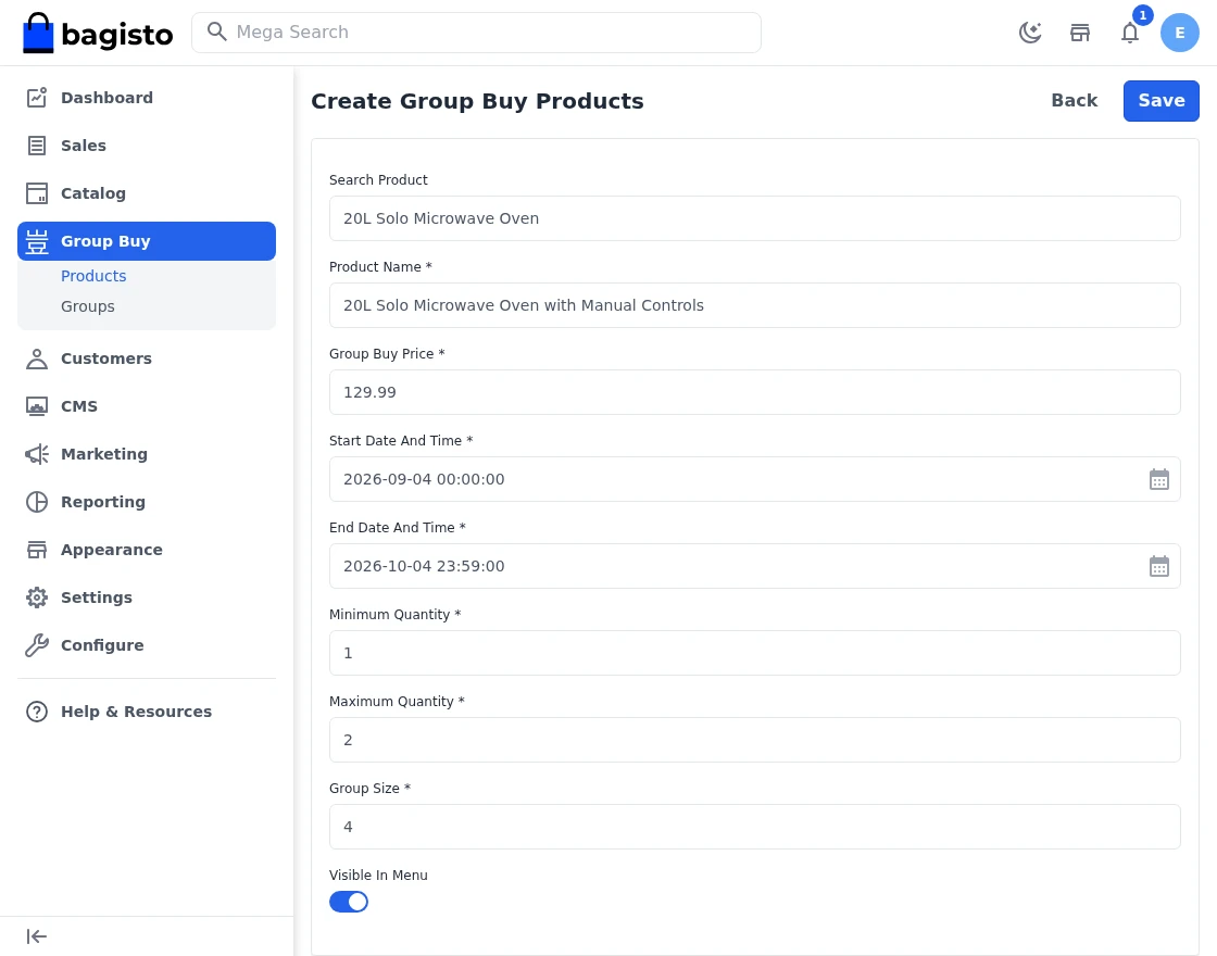 Creating a Bagisto Group Buy deal with price, dates and group size in the admin panel