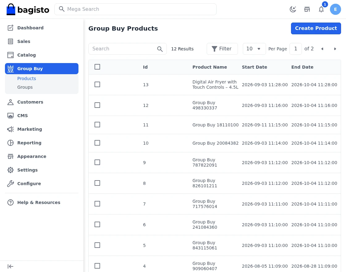 Bagisto Group Buy Products listing showing every group buy deal in the admin panel