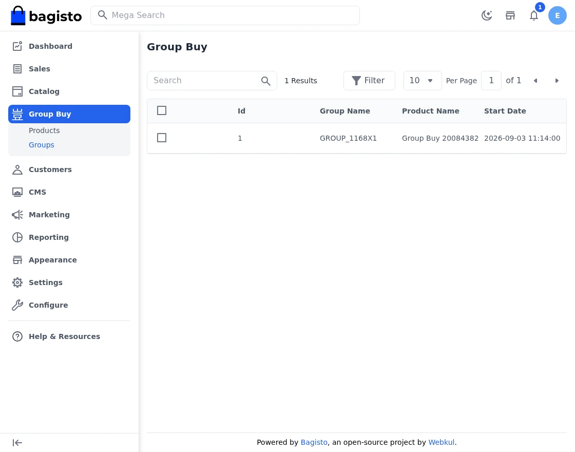 Bagisto Group Buy groups listing showing group name, product and status in the admin panel