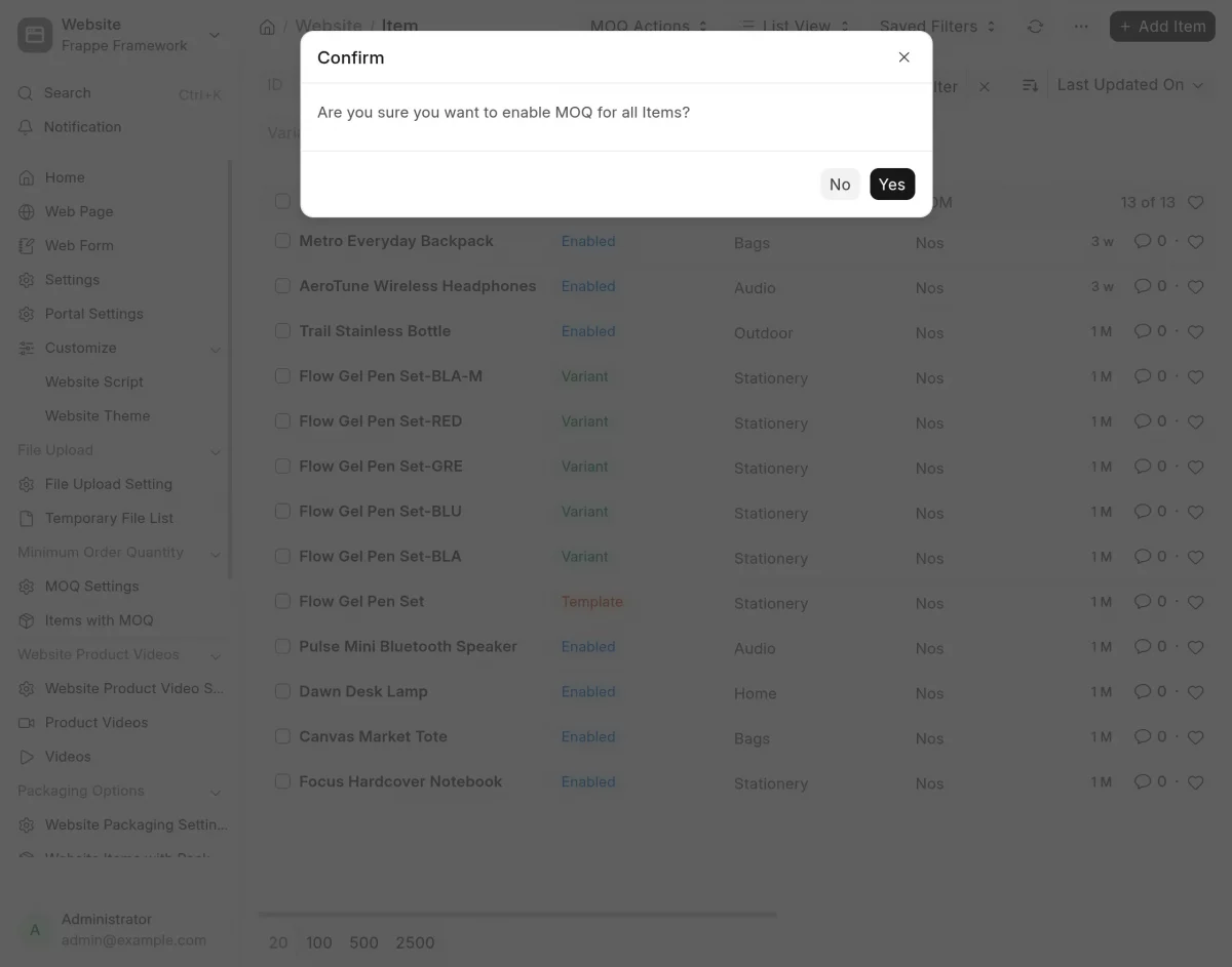 bulk enable moq confirmation