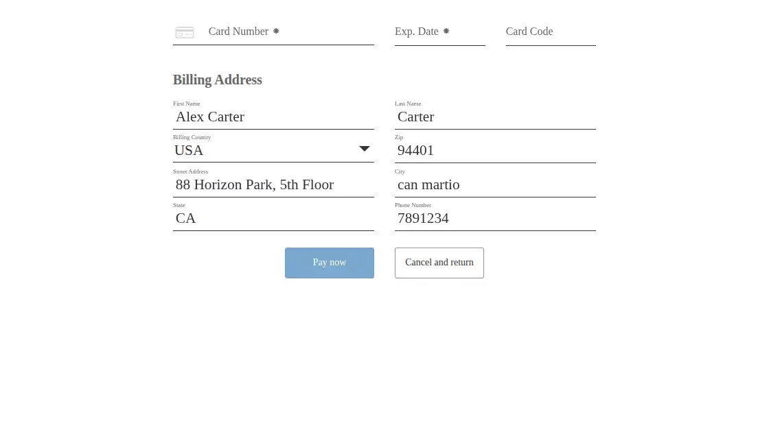 payment page collecting card details and billing address for a Bagisto order