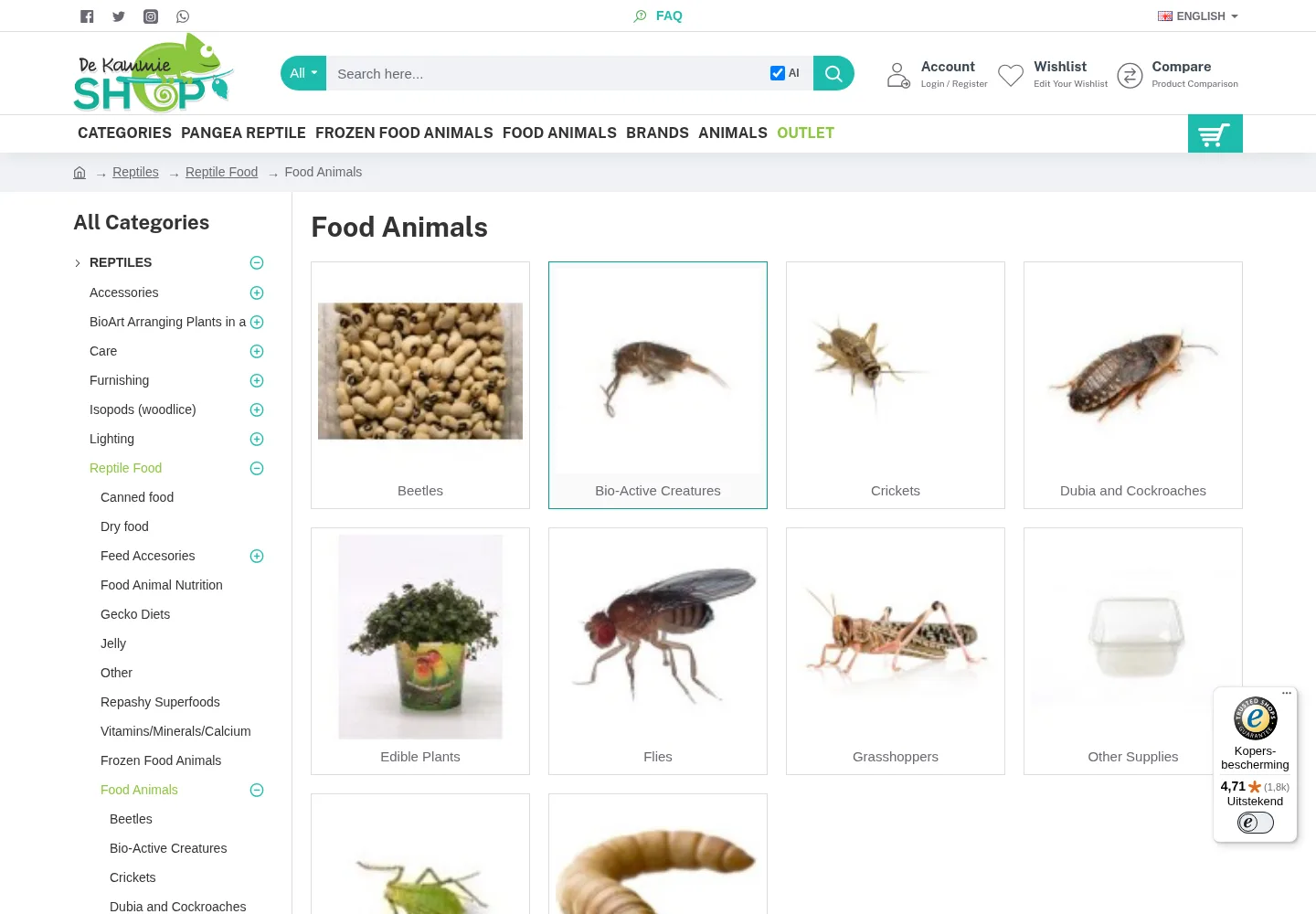 De Kammieshop food animals category listing live feeder insect subcategories