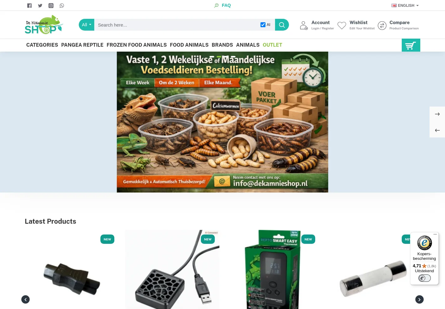 De Kammieshop reptile supplies storefront homepage with product categories
