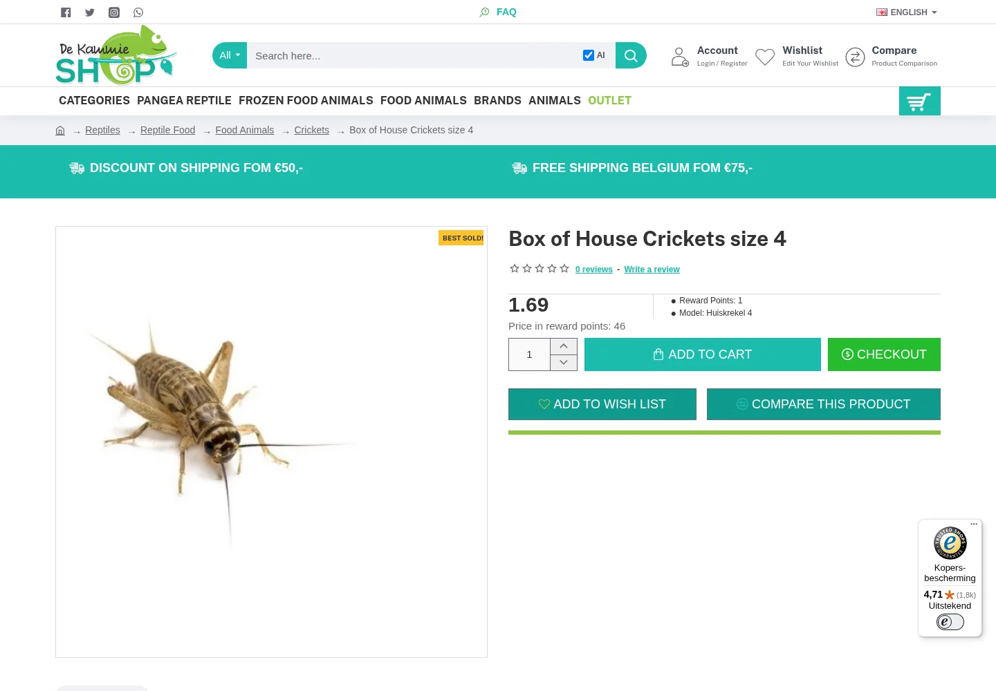 De Kammieshop product page showing reward points earned and the reward point price