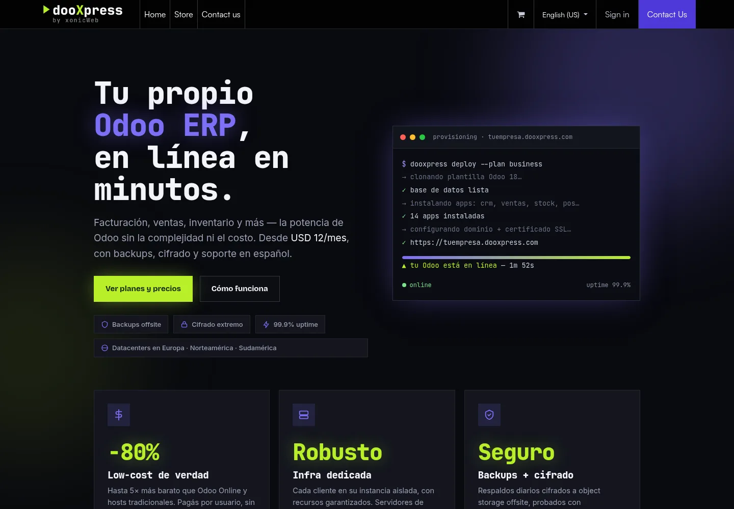 dooXpress homepage offering hosted Odoo ERP for small businesses from USD 12 a month