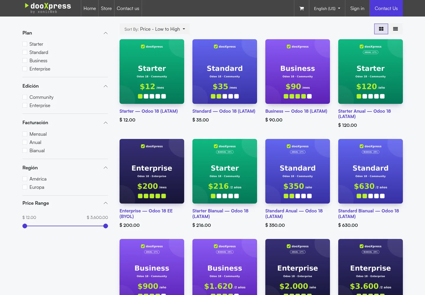 dooXpress store listing Odoo 18 subscription plans with monthly, yearly and two-year billing