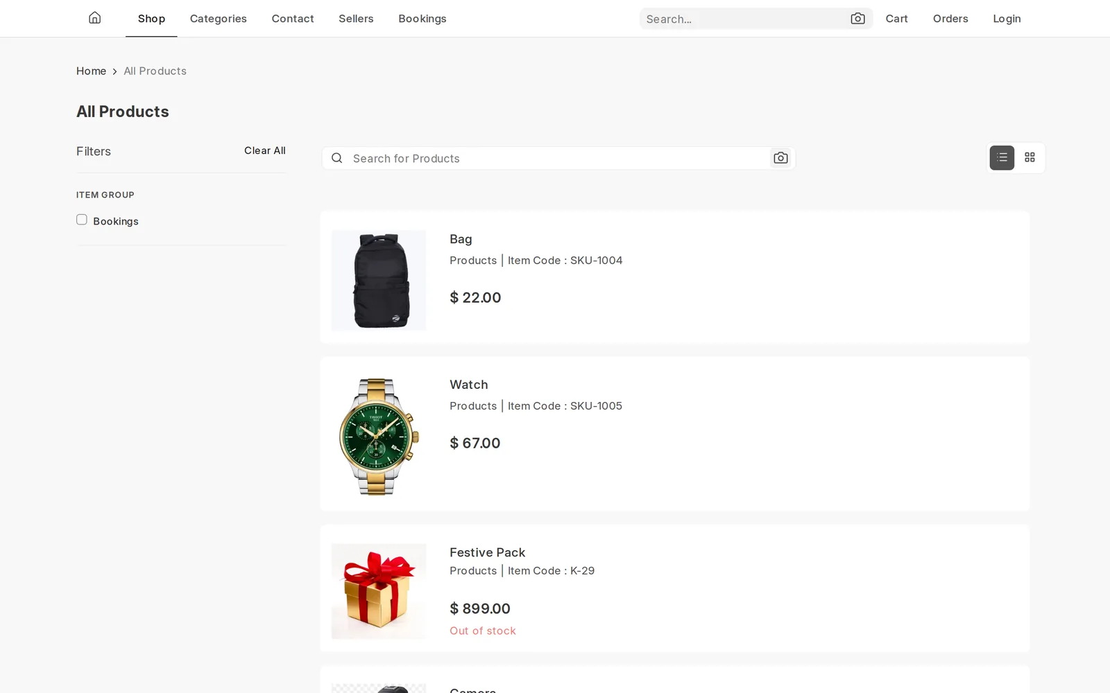 ERPNext product image search camera icon in the Webshop search bar