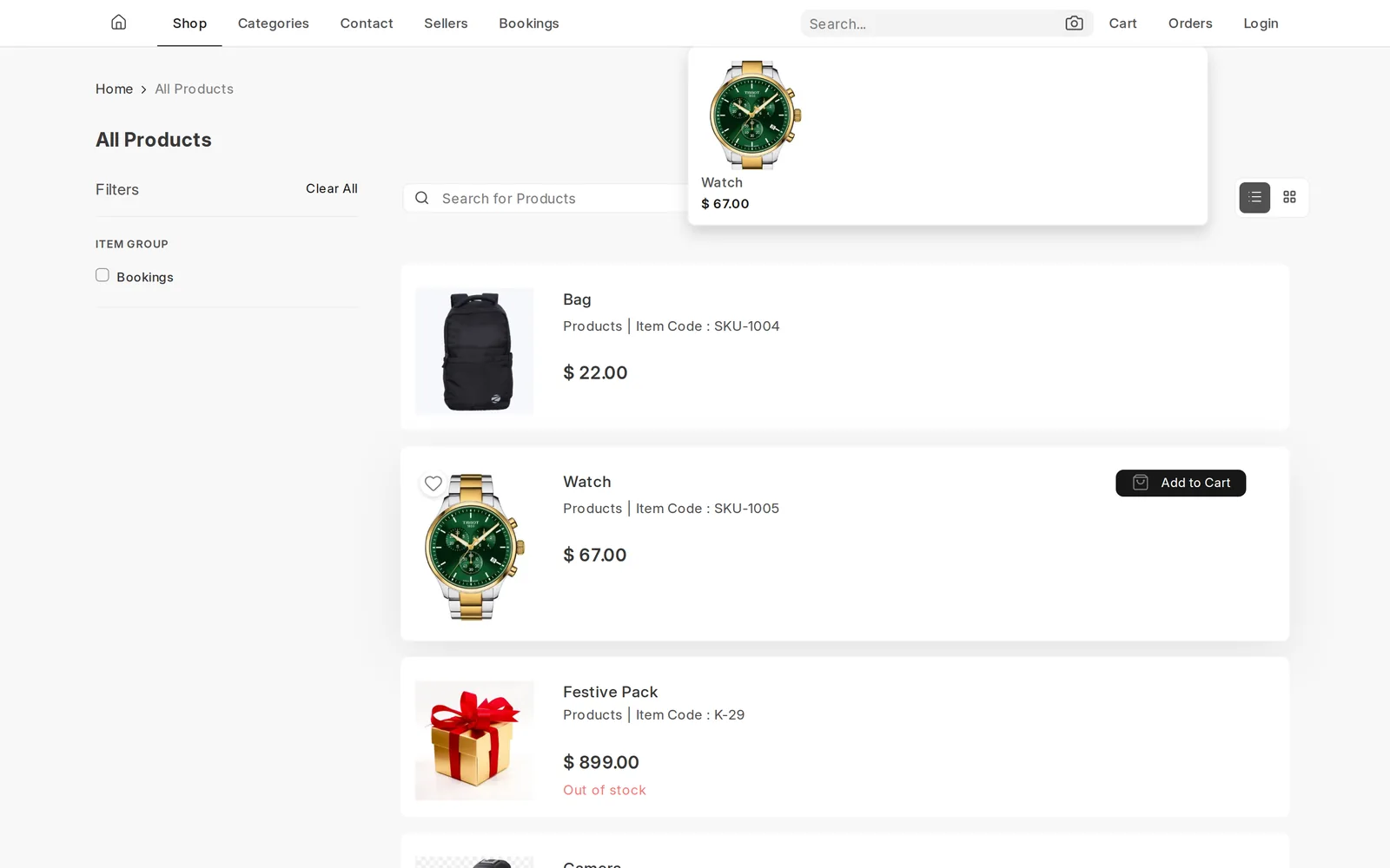 ERPNext product image search results showing a matching watch