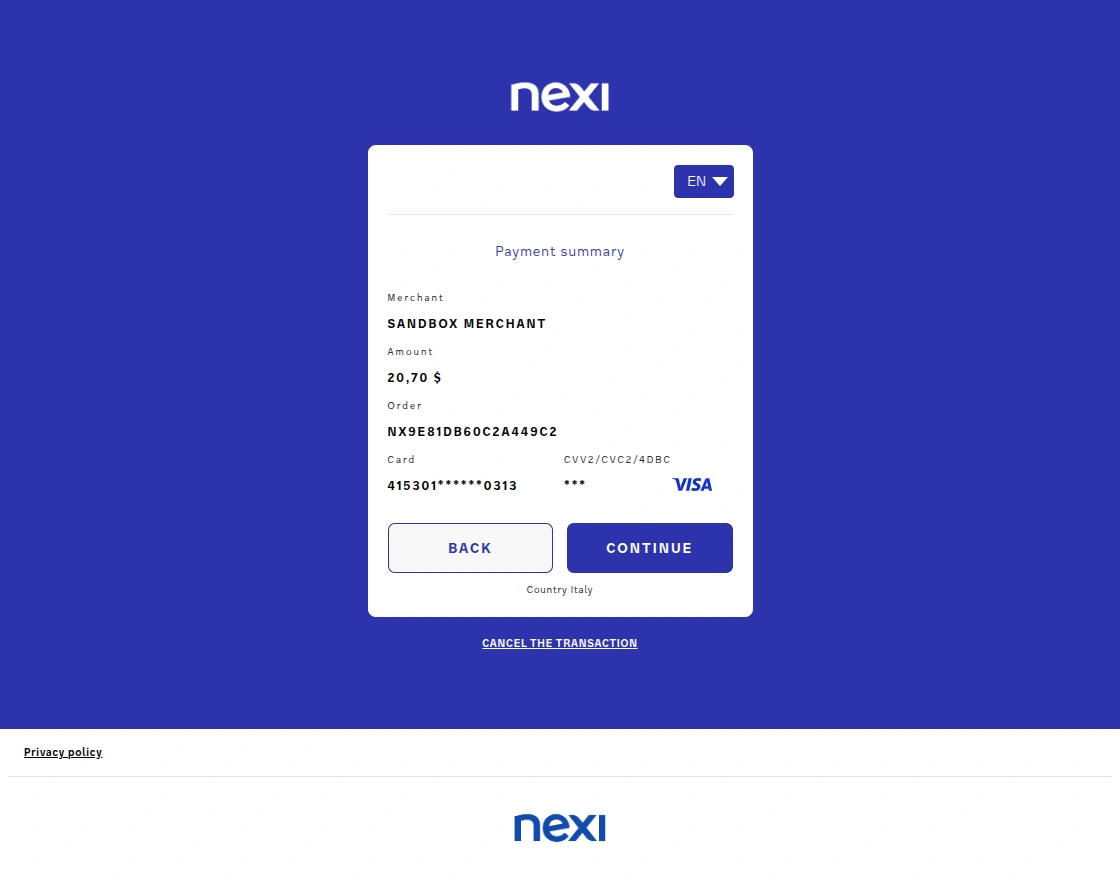 Nexi Xpay dashboard