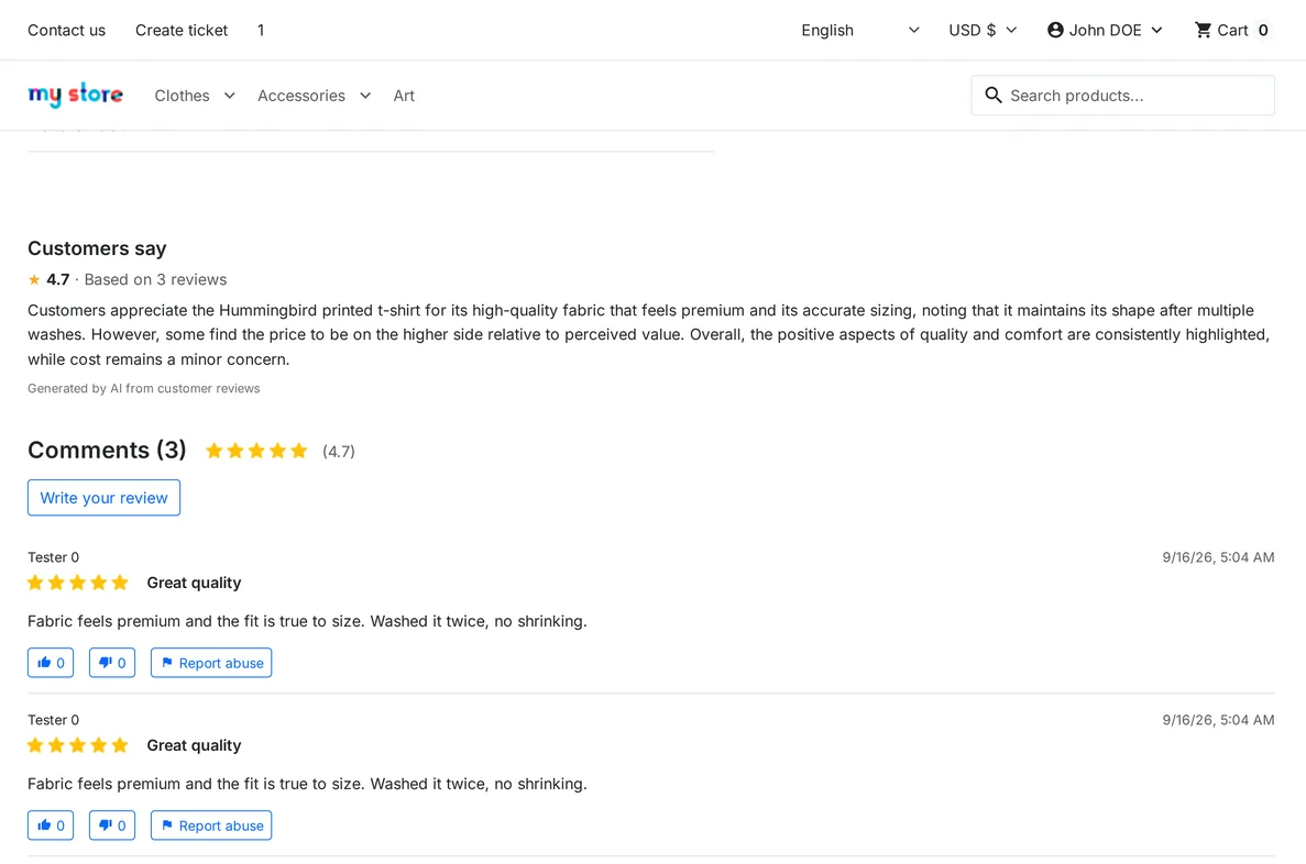 Summary section displayed on the Product Page
