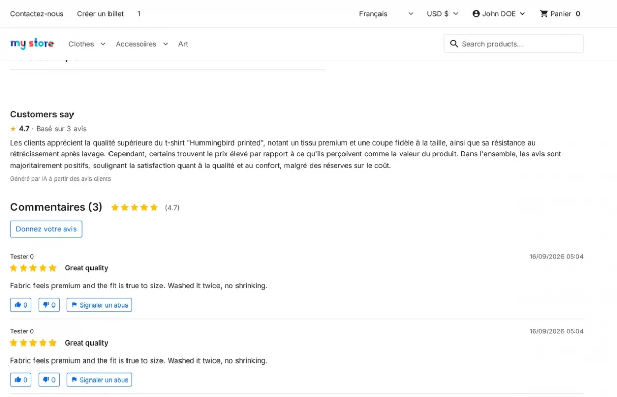 Summary section displayed in French on the Product Page