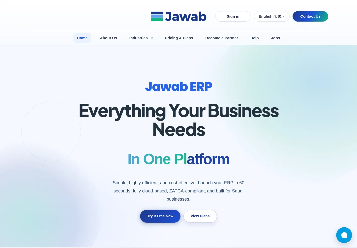 Jawab ERP homepage describing a cloud, ZATCA-compliant ERP built for Saudi businesses