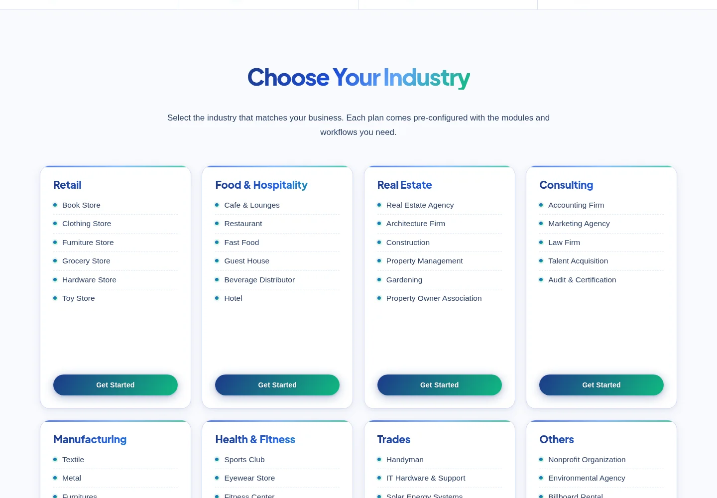 Jawab ERP industries page listing retail, food and hospitality, real estate and consulting setups
