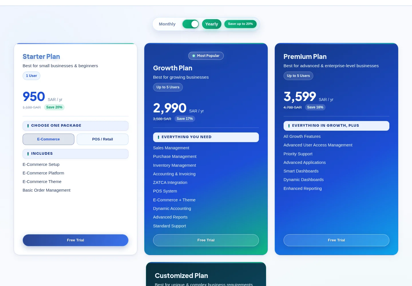 Jawab ERP pricing plans with user-based tiers from one user to up to five users