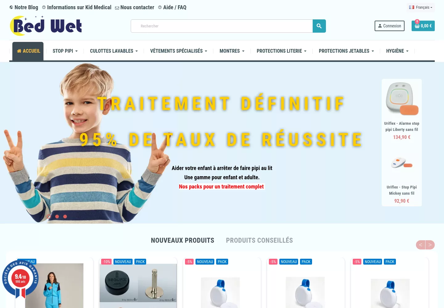 Bed Wet online store homepage showing bedwetting alarm products