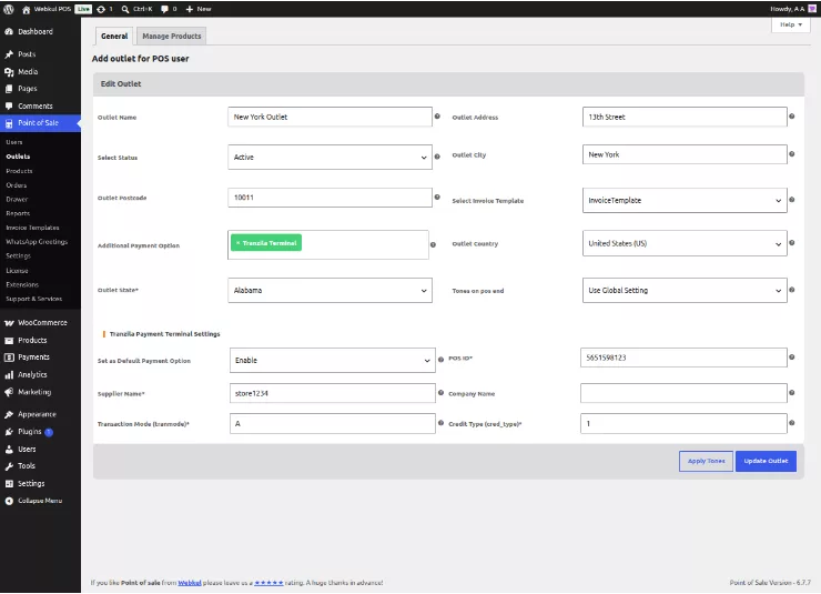 Illustrative Webkul guide showing Tranzila outlet settings in WooCommerce POS