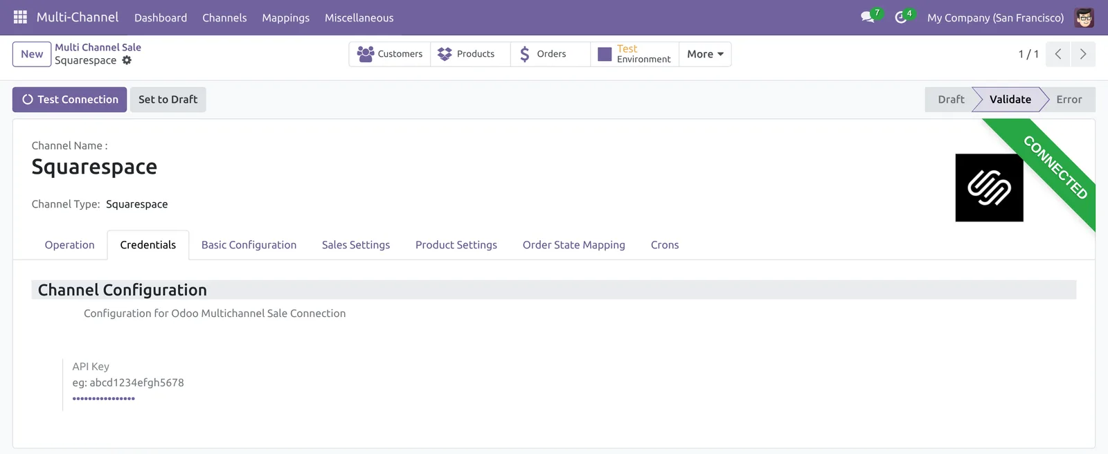 Squarespace API key field in the Odoo channel