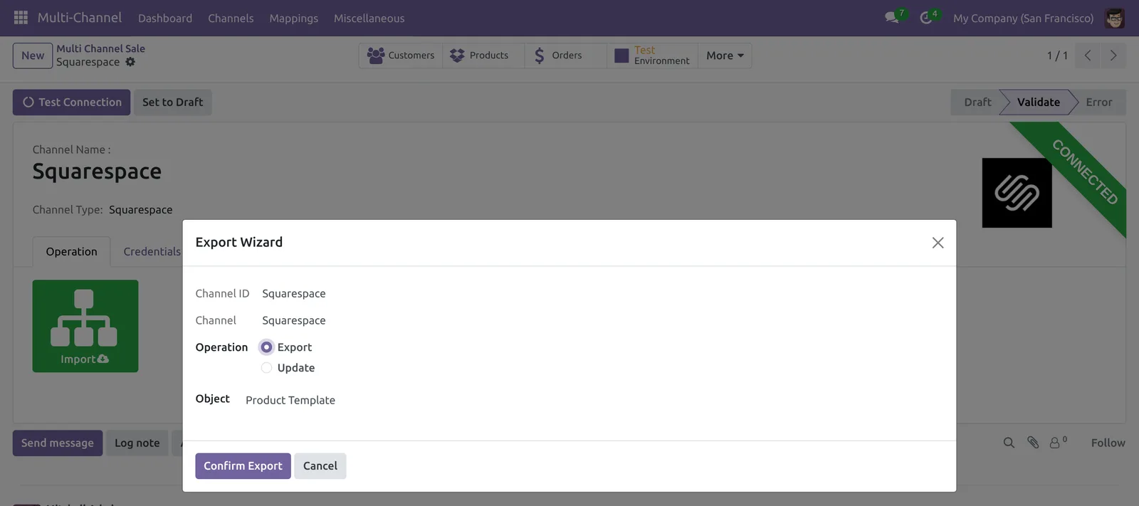 Export wizard of the Odoo Squarespace Connector