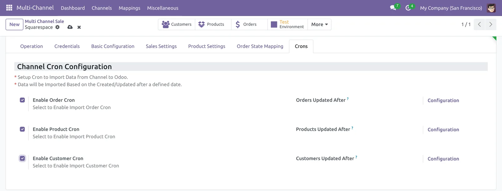 Odoo Squarespace Connector import crons