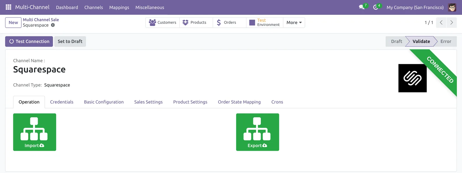 Import and Export buttons on the channel Operation tab