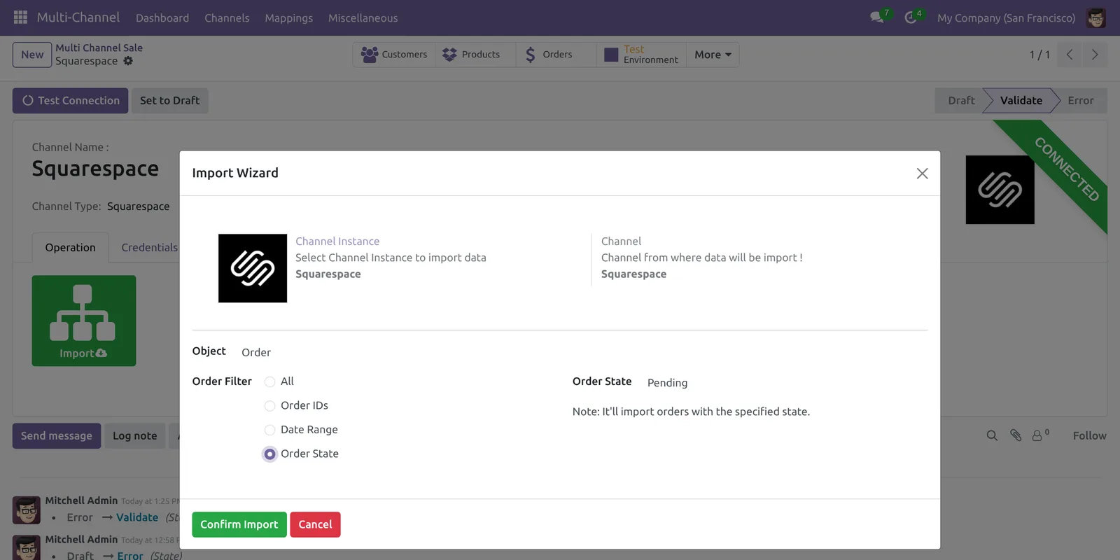 Import Squarespace orders by order state in Odoo